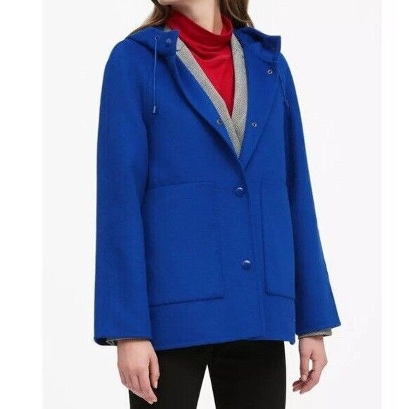 Banana Republic Double-Face Hoodie Jacket Wool Blend Voltage Blue Large Petite - Picture 1 of 9